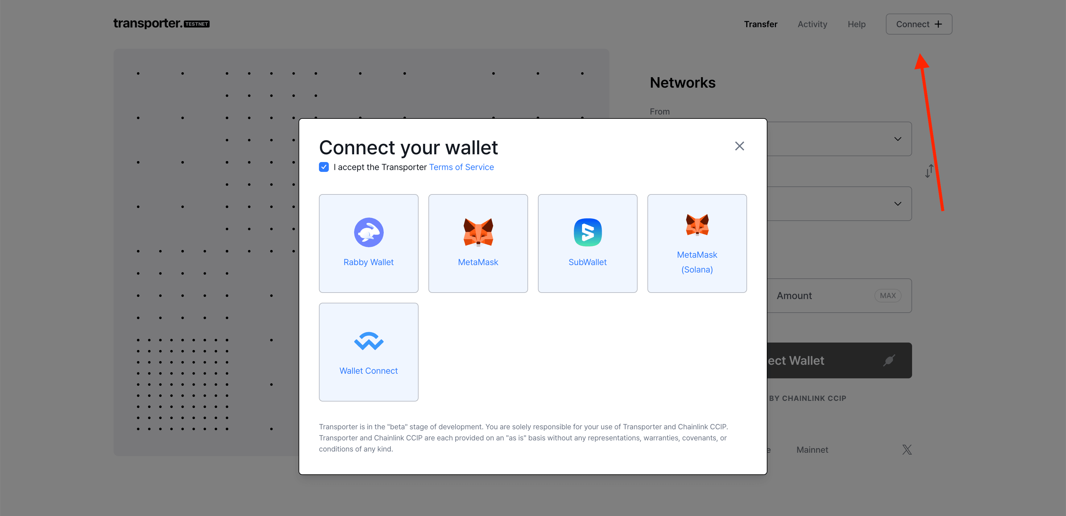 Chainlink CCIP Transporter Connect Wallet